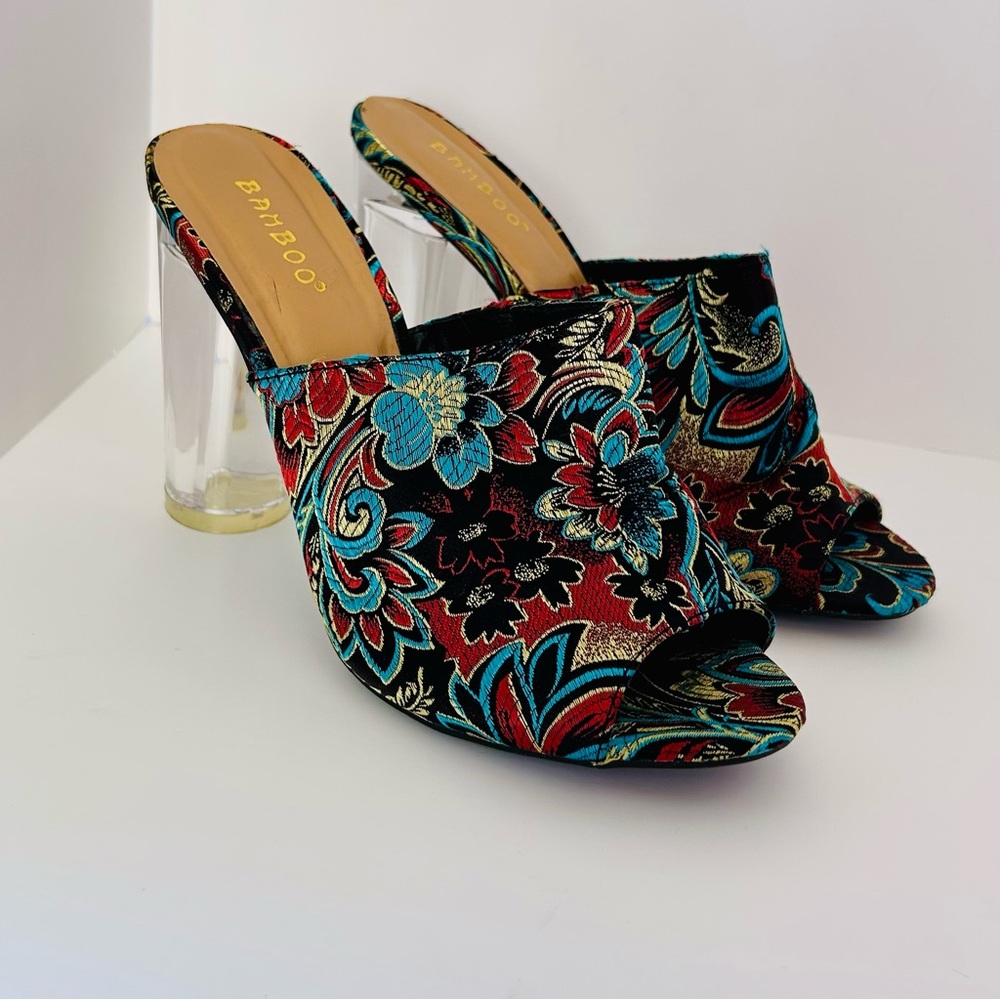 Bamboo brand Beautiful Embroidered Floral Mule High Clear Heel